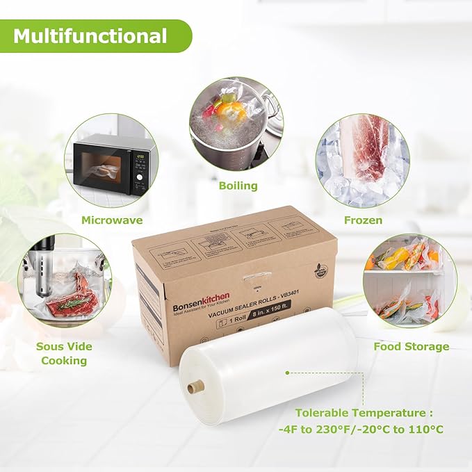 [2025 New] Bonsenkitchen 8” x 150’ Vacuum Sealer Bags Rolls with Cutter for Food Storage, Commercial Grade, BPA Free, Great for Meal Prep and Sous Vide Cooking-NeatNest