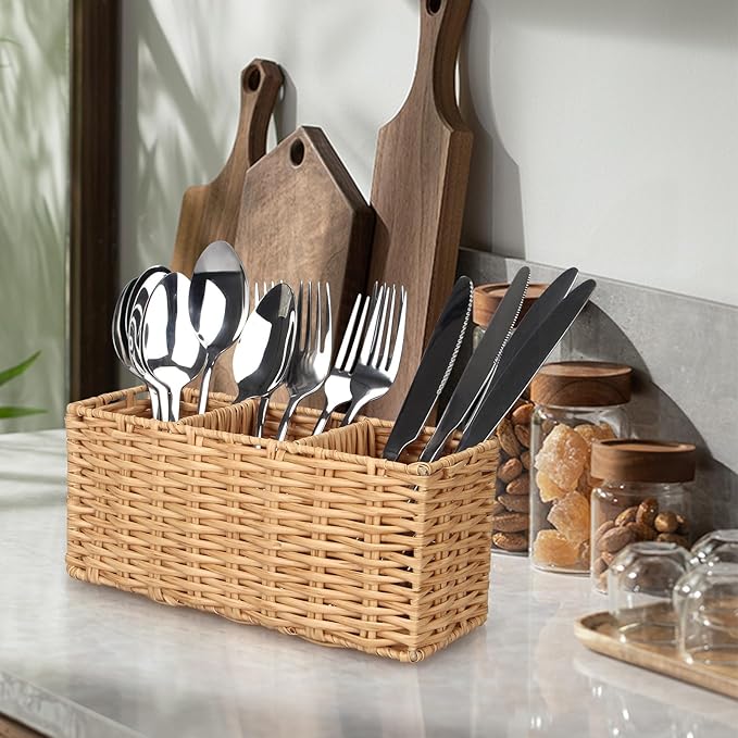 Ayiaren Wicker Flatware Silverware Caddy Cutlery Holder Kitchen Silverware Organizer Storage for Countertop Small Utensil Holders Party Table Spoon Knives Fork Holder Flatware Utensils Caddy Basket-NeatNest