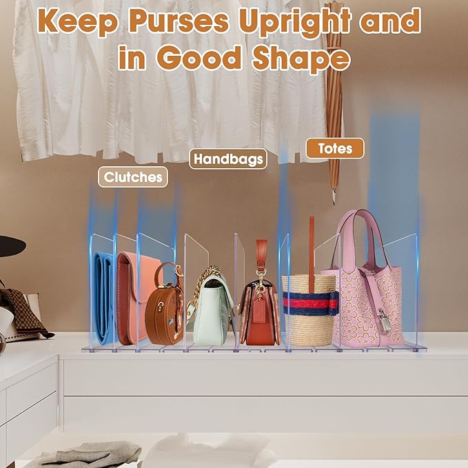 Acrylic Purse Organizer, Purse Storage Rack for Closet Organization, Clear Shelf Divider, Adjustable Clutch Bag Organizer Handbag Dividers Rack, Detachable Separators for Bedroom Bathroom Office-NeatNest