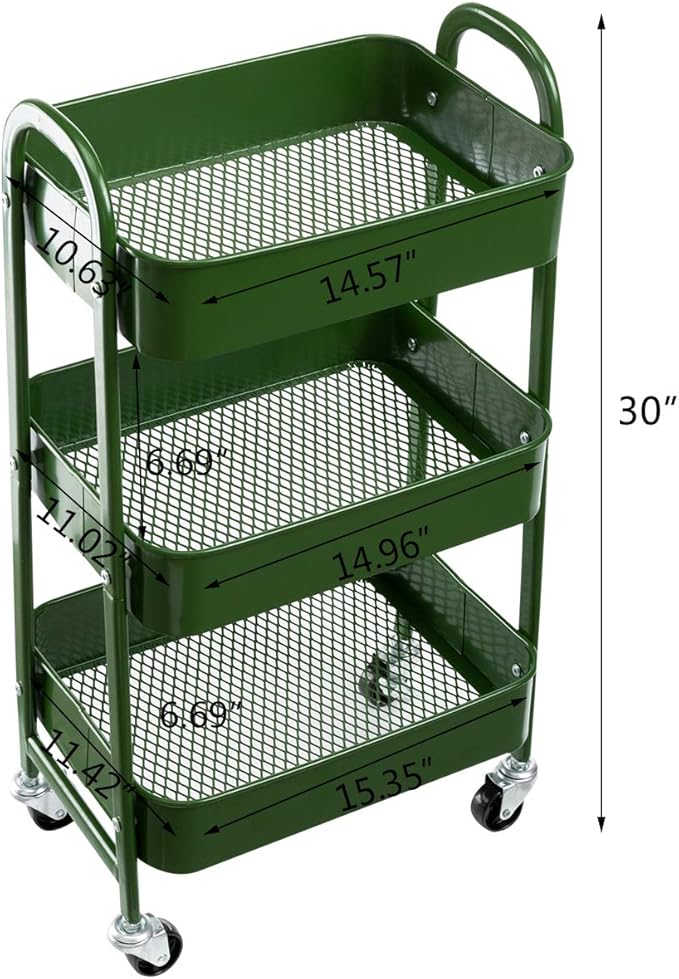 AGTEK Makeup Cart, Movable Rolling Organizer Cart, Bluish Green 3 Tier Metal Utility Cart-NeatNest