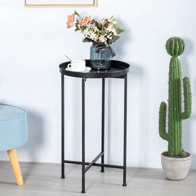 HollyHOME Small Round Metal Waterproof End Table, Accent Indoor&Outdoor Coffee Side Table, Snack Sofa Table for Living Room, Anti-Rust Decorative Plant Stand, (D) 14.5" x (H) 25", Black-NeatNest
