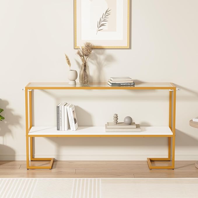Console Sofa Table, 52" Modern Entryway Table, 2-Tier Open Shelf with Tempered Glass, Metal Frame Behind Couch Table with Gold Metal Frame for Living Room Hallway Entrance, White-NeatNest