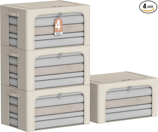 4 Pack Clothes Storage Bins - Oxford Fabric Metal Frame Storage Box - Foldable Stackable Container Organizer Set with Clear Window & Carry Handles & Zippers (Beige, 19.7"x15.7"x8")-NeatNest