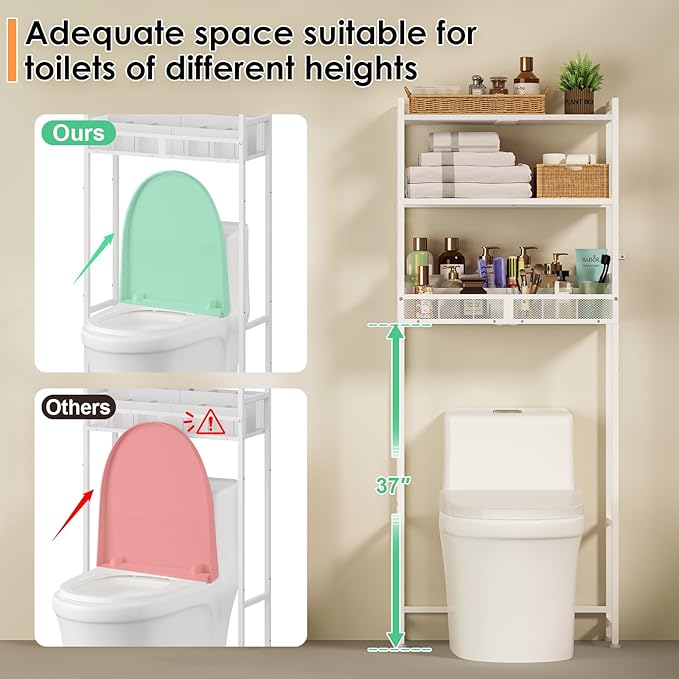 3-Tier Over The Toilet Storage Shelf, Metal Over Toilet Bathroom Organizer with Dividers, Freestanding Bathroom Space Saver Rack with Adjustable Shelf & Feet, White