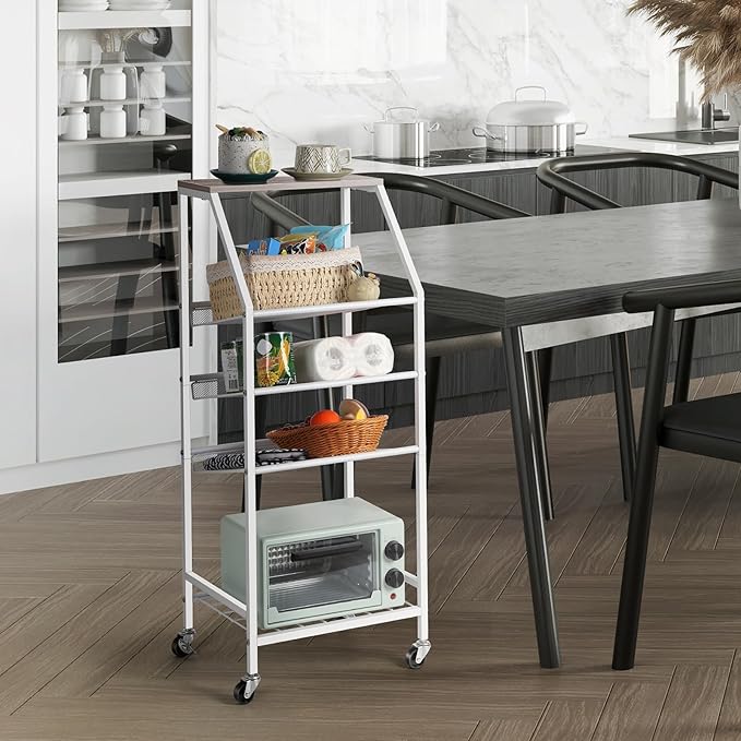 5 Tier Bathroom Towel Rack Cart with Wheels Metal Wood Rolling Utility Cart with Storage Shelves for Home Living Room Bedroom Kitchen, White