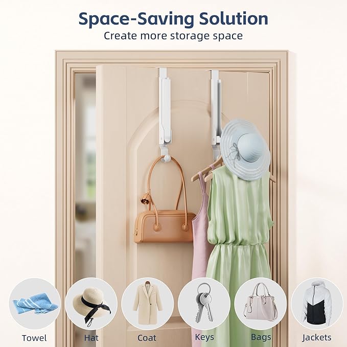 4 Pack Over The Door Hanger Foldable Over The Door Hooks，Rust-Resistant Overdoor Hanger Hook for Laundry (Clothes Drying Rack)&Bathroom (Towel Rack) Small Portable,White