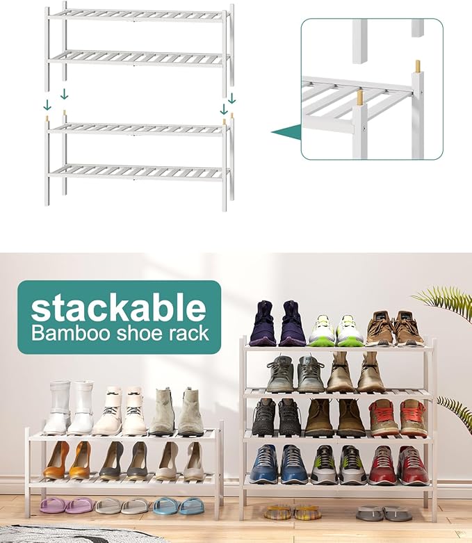 White Shoe Rack for Entryway, 2 Tier Shoe Organizer for Hallway Closet, Bamboo Wood Shoe Racks for Indoor Outdoor (White, 2-Tier)-NeatNest
