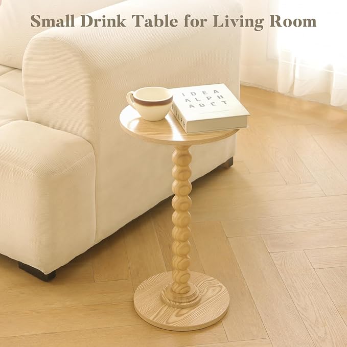 Round Side Table, Small Drink Table for Small Spaces, Modern Accent End Table with Solid Wood Leg for Living Room, Bedroom, Corners, and Office (Natural)