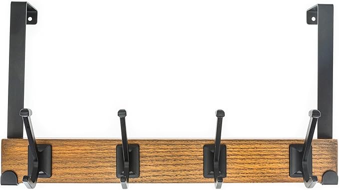creathome Dual-Purpose Wooden Hanger with 4 Robben Hooks Classic Color, Behind/Over The Door Towel Rack for Bathroom, Heavy Duty Wall Mounted Coat Rack, No Drilling