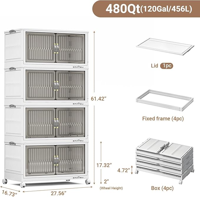 480Qt Stackable Storage Bins with Lid, Extra Large Closet Organizer Collapsible Drawer Boxes with Wheels, Folding Plastic Cabinet Containers for Home Kitchen Room Organization, 4Pack White
