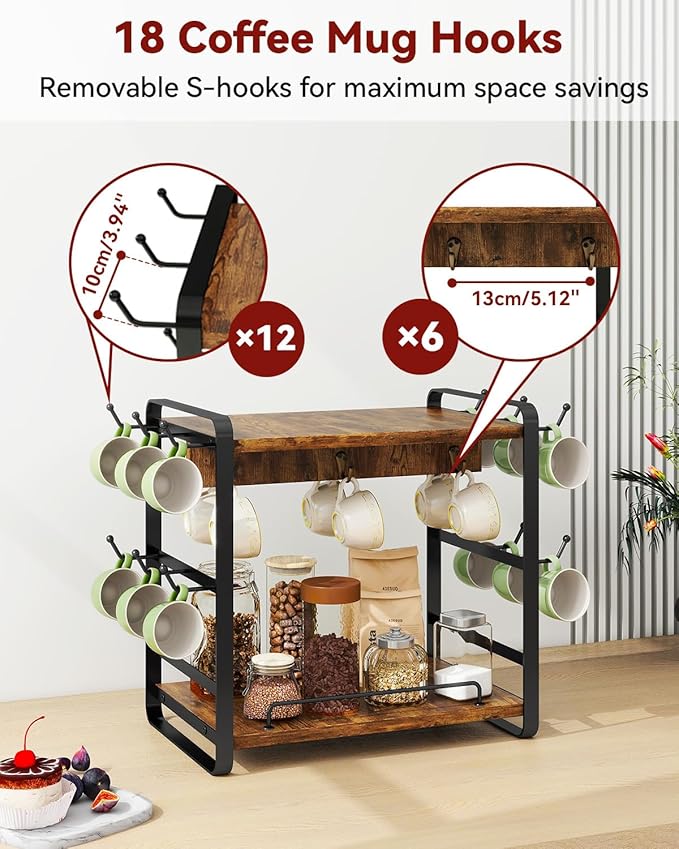 IBUYKE Coffee Bar Station Countertop Organizer,2 Tier Kitchen Mug Cup Holder Stand,Wooden Coffee Mug Organizer with 18 Hooks,Multifunctional Mug Tree for Home Kitchen, Office,Vintage Brown UTBJ006H-NeatNest