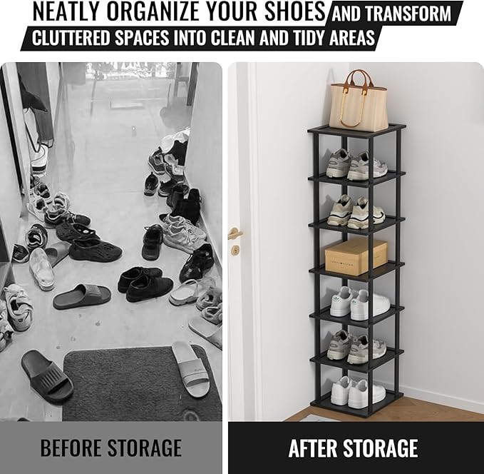 Bamboo Free Standing Shoe Rack Shelf Multi Tier Tall Wooden Stackable Shoes Rack Organizer for Closet Front Door Entrance Narrow Vertical Shoe Storage Rack for Corner Stand (Black, 7 Tiers)-NeatNest