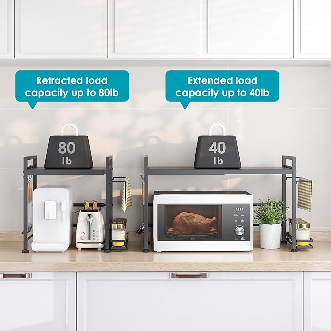 DOLALIKE Microwave Oven Rack, Expandable Microwave Stand Countertop Kitchen Utensils Tableware Storage, Carbon Steel Over Microwave Shelf Countertop with 6 Hooks-NeatNest
