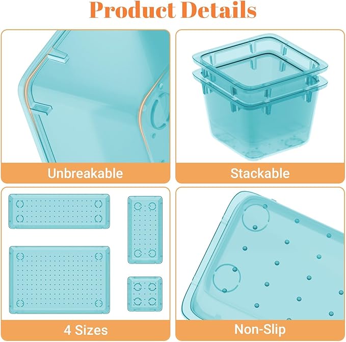 15 PCS Clear Plastic Drawer Organizer Set, 4-Size Acrylic Drawer Storage Trays, Storage Bins for Makeup, Gadgets, and Jewelry in Bathroom, Bedroom and Office, Clear Sea Blue-NeatNest