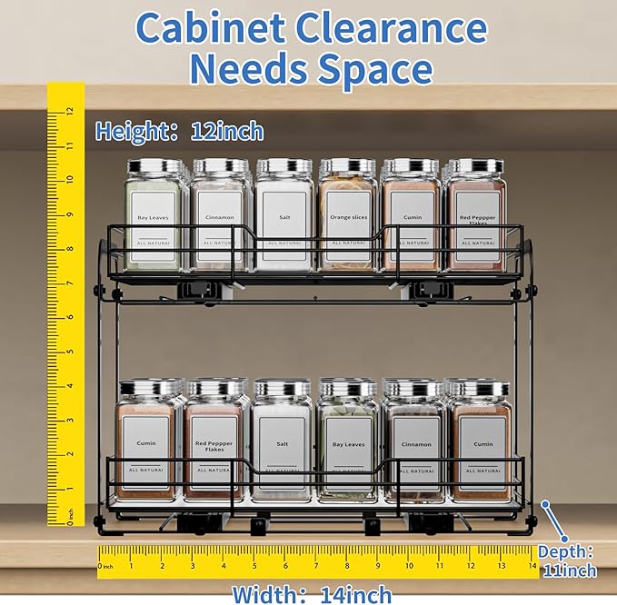 2-Tier Pull Out Spice Rack, Spice Rack Organizer, Pull Out Spice Racks for Inside Cabinets, Height Adjustable Heavy Duty Metal Basket for Inside Cabinet & Pantry (13.5''Wx10.5''Dx9.5''H)-NeatNest