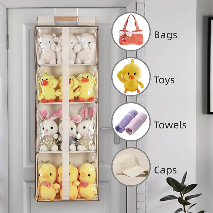 Clear Hanging Handbag Storage Organizer with Zippers, Easy Access Purse,Toy,Yarn,Hat Storage Over The Door Purse Organizer Space Saving 4 Pockets for Closet Bedroom Living Room (Beige)-NeatNest