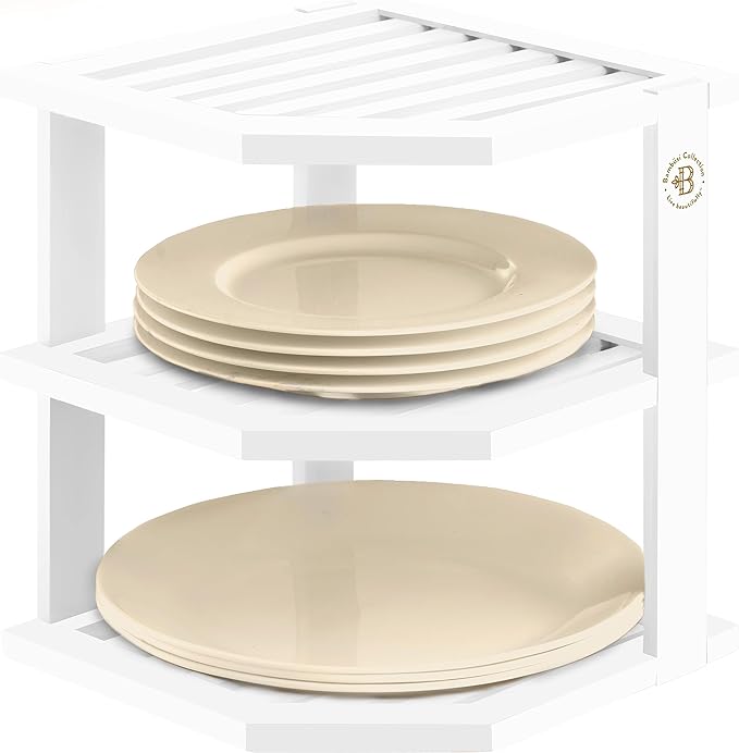 Cabinet Organizer Shelf - Bamboo Corner Rack for Kitchen Counter, Cabinet Space Saver for Plates, Dishes, Bowls, Bread Pantry, Bathroom Storage or Countertop Stand, White-NeatNest