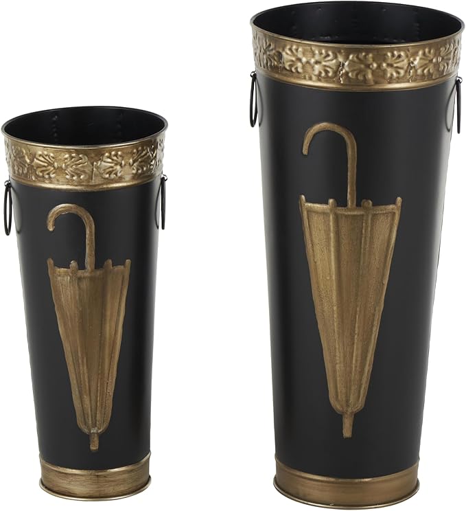 Deco 79 Metal Umbrella Stand with Gold Accents and Round Handles, Set of 2 21", 17" H, Black-NeatNest