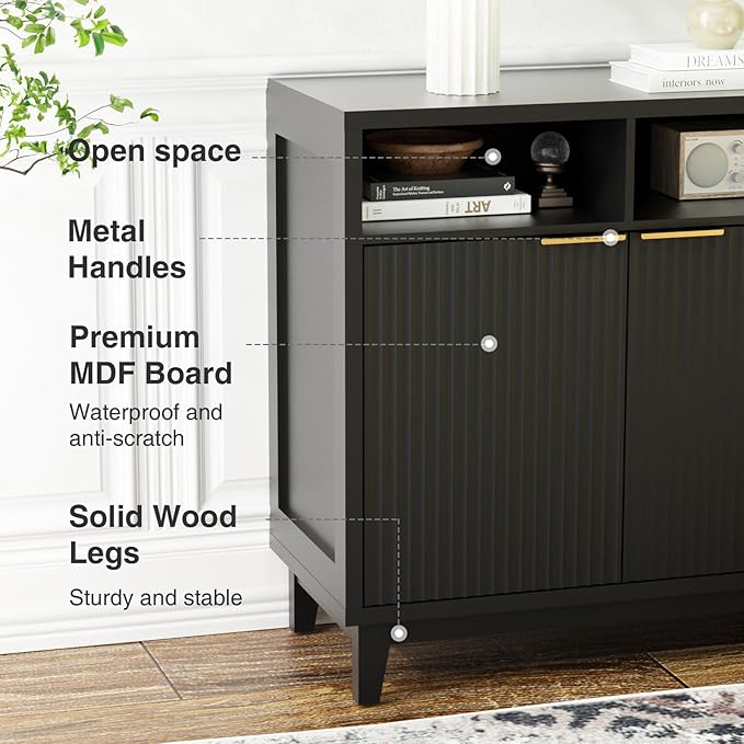 Buffet Cabinet with Storage - Elegant Fluted Storage Cabinet with Adjustable Shelves and Solid Wood Leg, Modern Buffet Sideboard for Living Room, Dining Room, Entryway-NeatNest