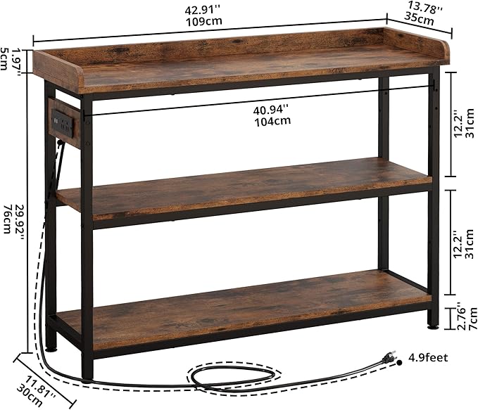 IRONCK Console Table, Sofa Table with Power Outlet, Farmhouse Hallway Table for Entryway, Living Room, Height Adjustable, Easy Assembly, Rustic Brown, 43"-NeatNest