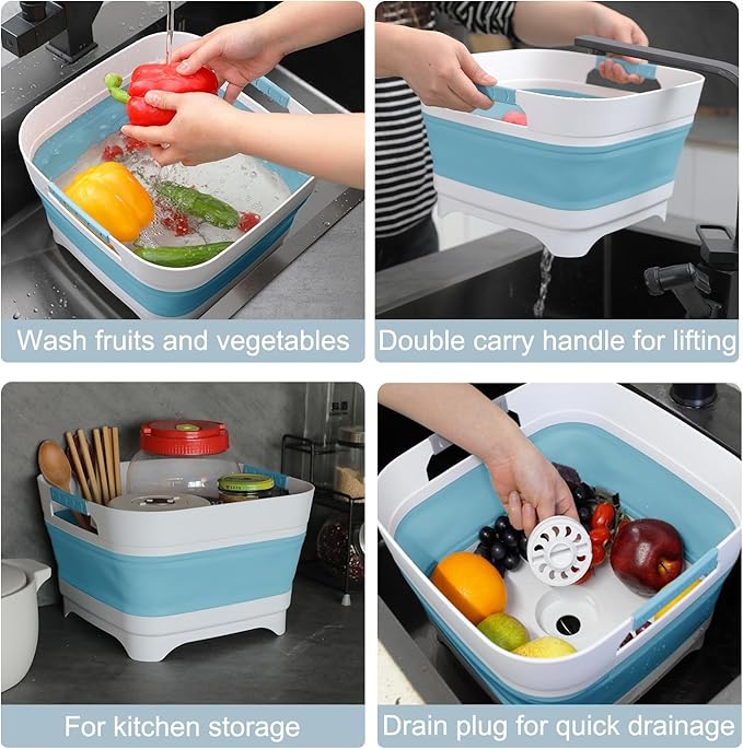 2.4 Gal Collapsible Wash Basin with Drain Plug, Space-Saving Portable Wash Tub, 9L Dish Pan for Soaking Baby Bottles and Pump Parts, Versatile Dish tub for Kitchen, RV, Outdoor Camping Sink (Blue)-NeatNest