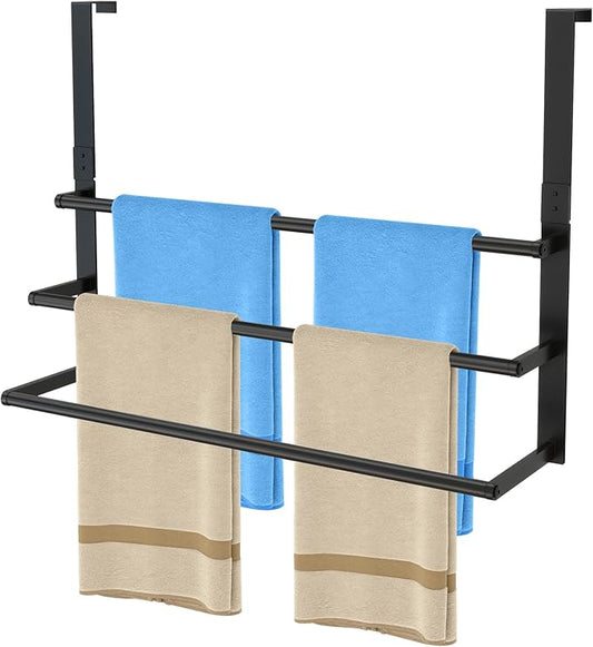 24Inch Over The Door Towel Rack, Stainless Steel DOKU Door Towel Hanger, Over Door Towel Holder with 3 Tier Towel Bars, Matte Black Over Door Towel Storage for Bathroom