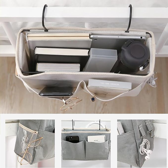 2-Pack Bedside Caddy, Bedside Hanging Storage Organizer for College Dorm Beds, Bunk Beds and Hospital Beds Rails, The Hanging Basket Can be Placed Magazine, Books, Phones,kettle, Glasses (Grey)-NeatNest