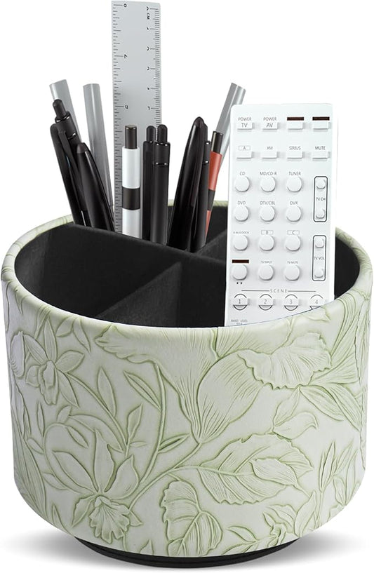 Hennaja Round Leather Art Supply Organizer,Remote Control Holder,360 Degree Spinning,Multi-Functional Pencil Holder,4 Compartments Desktop Stationary Organizer(1-Carved Green)-NeatNest
