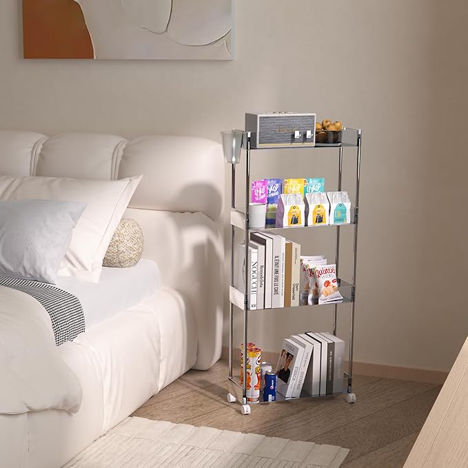VECELO Acrylic 4-Tier Rolling Cart, Slim Utility Cart for Storage, Mobile Storage Cart with Lockable Wheels Hooks&Bucket for Office,Kitchen,Laundry Room Bathroom Living Room, Clear