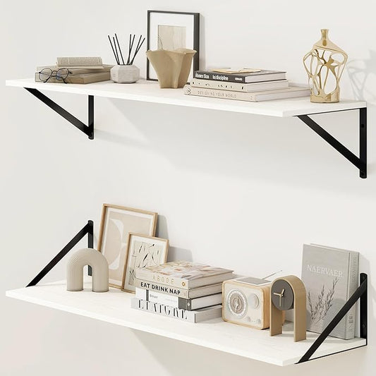 Fun Memories Deep Floating Shelves for Wall, 36W x 8D Wall Mounted Shelves Set of 2, Wide Display Ledge Shelf with Sturdy Metal Brackets for Living Room, Bathroom, Bedroom and Kitchen, White-NeatNest