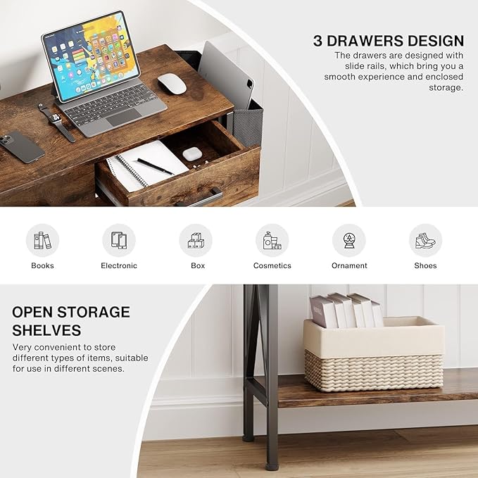 Gizoon 47" Entryway Table with 3 Drawers and 3 Tier Storage Shelves, Industrial Narrow Long Sofa Table, Farmhouse Style Console Table for Living Room, Hallway, Couch, Small Spaces - Rustic Brown-NeatNest