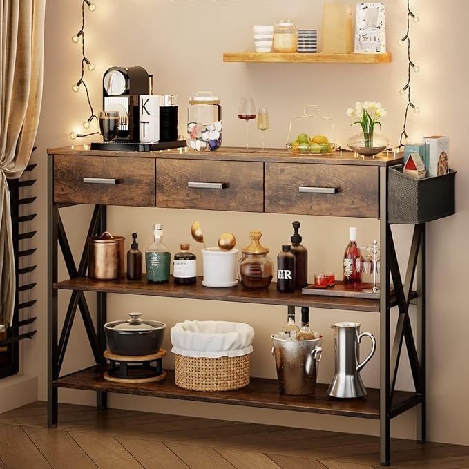 Gizoon 47" Entryway Table with 3 Drawers and 3 Tier Storage Shelves, Industrial Narrow Long Sofa Table, Farmhouse Style Console Table for Living Room, Hallway, Couch, Small Spaces - Rustic Brown-NeatNest
