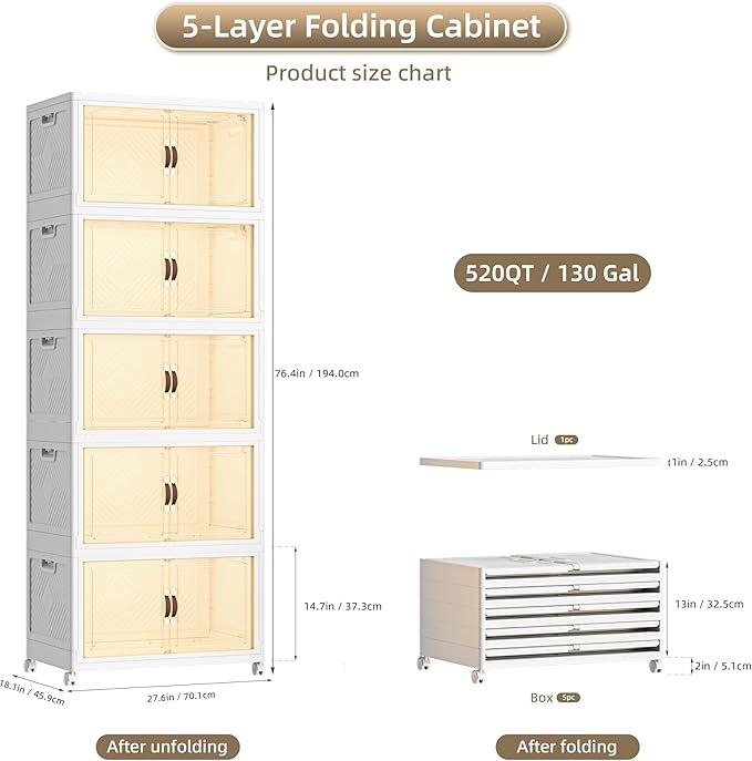 520 QT / 130 Gal Stackable Collapsible Storage Bins with Magnetic Doors & Wheels - Space-Saving Plastic Organizer Cabinet for Closet, Office, Home (White)-NeatNest