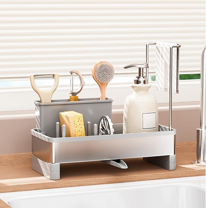 Sponge Holder for Kitchen Sink,Sink Caddy Organizer with Removable Brush Holder,Kitchen Countertop Soap Dispenser Storage with Detachable Towel Rack, Grey-NeatNest