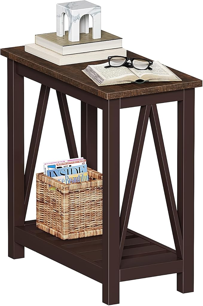ChooChoo Farmhouse End Table, Rustic Vintage Narrow End Side Table with Storage Shelf for Small Spaces, Nightstand Sofa Table for Living Room, Bedroom Espresso-NeatNest