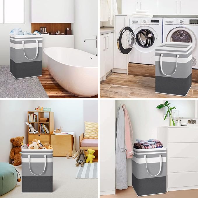 HomeHacks 2 Pack Large Laundry Baskets, Waterproof, Freestanding Laundry Hampers, Collapsible Clothes Hamper with Reinforced Handles in Laundry Room, College Dorm, Bathroom, Bedroom (Grey, 75Lx2)-NeatNest