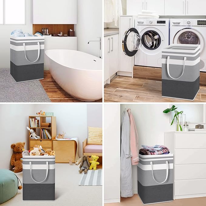 HomeHacks 2 Pack Large Laundry Baskets, Waterproof, Freestanding Laundry Hampers, Collapsible Clothes Hamper with Reinforced Handles in Laundry, College Dorm, Bathroom, Bedroom (Grey+Blue, 75Lx2)-NeatNest