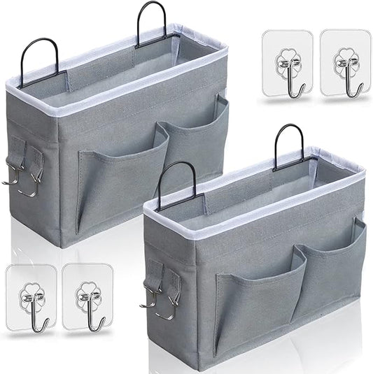 2pcs Middle Wall Hanging Organizer Bag, Linen Fabric Door Hanging Storage Basket with Pockets, Waterproof Bin for Kitchen, Bedroom, Office, RV Camper (Gray)-NeatNest