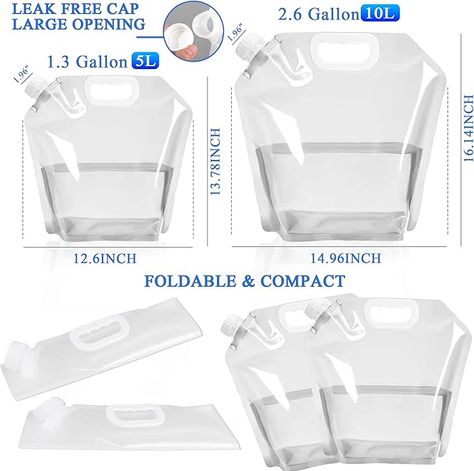 4 Pack Collapsible Water Jugs, 1.3/2.6 Gallon - BPA Free Clear Plastic Water Bag with Handle for Camping, Emergency, Hiking - Leakproof Freezable Collapsible Water Container Bags(4 x 5L)