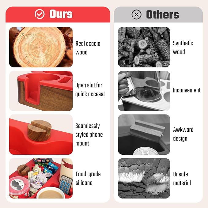 Couch Cup Holder Tray, Real Acacia Wooden Caddy with Soft Silicone, Snack and Drink Organizer- Perfect Movie Night Accessories for Bed, Remote and Cup Holders for Sofa (Red)-NeatNest