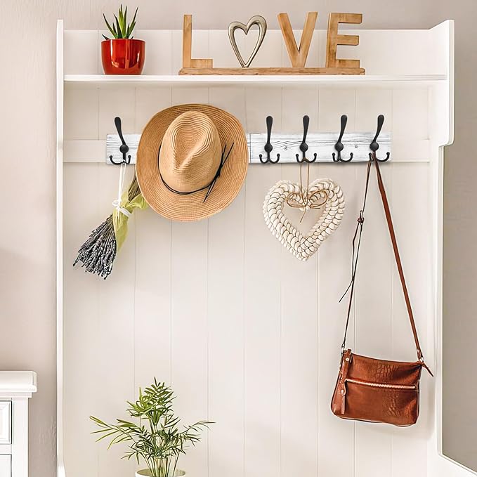 IBosins Wall Mounted Coat Rack, 31.4'' Long, Rustic Wood & Aluminum Coat Rack with 8 Black Tri-Hooks for Coat, Bag, Towel, Key, Hat, Umbrella-NeatNest