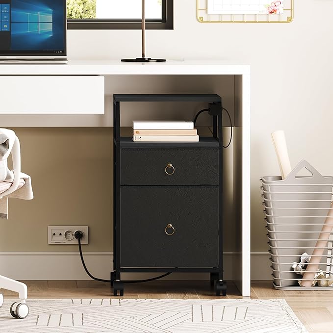 HOOBRO 2-Drawer Mobile File Cabinet, Filing Cabinet with Charging Station, Rolling Printer Stand with Open Storage Shelf, fits A4/Letter-Size for Home Office, Nonwovens Drawer, Black BB10UWJ01