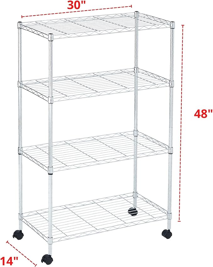 Heavy Duty 4 Tier Wire Shelving Unit Storage Rack, Metal Shelves Utility Organizers, Organization Units for Products, Plant, Pantry, Garage, Laundry Durable Shelf Stand, Chrome, 14"W x 30"L X 48"H