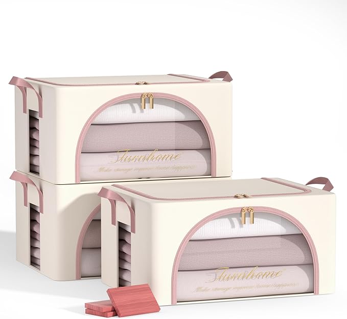 Furnhome 3 pack Clothes Storage Bins with metal Frame, sweater storage for closet, Stackable Storage bins for clothes, Foldable Clothing Storage bins with Cedar Blocks& Windows&Zippers|24L-Off White