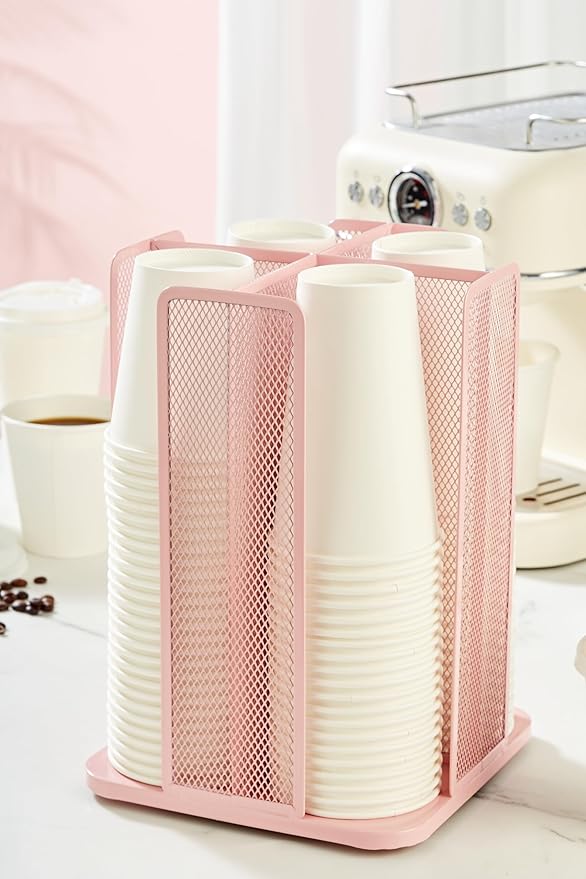 Annova Paper Mug and Lid Holder Plastic Cup Storage Organizer, 360°Rotating Coffee Mug Dispenser with 4 Compartments, Multifunctional Cup Storage Rack for Home, Office, Bar, Coffee Shop (Light Pink)-NeatNest
