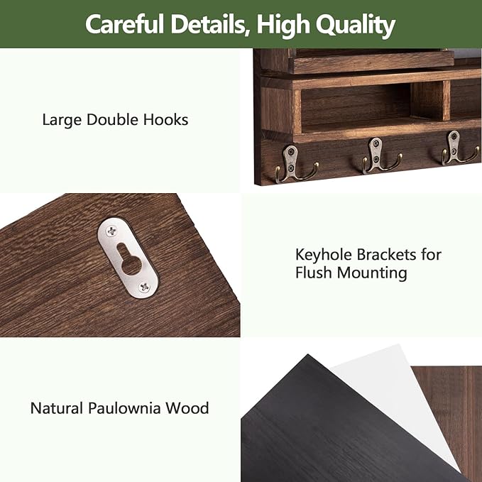 Key Holder for Wall, Wall Mounted Mail Holder Wooden with Shelf & 3 Liquid Chalks & Chalkboard, Mail Sorter Organizer, Rustic Home Decor - Entryway Living Room (15.98”W x 9.1”H x 3.3”D), Brown