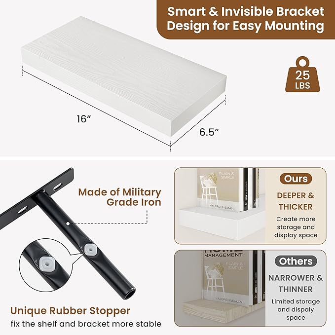 fuqing Floating Shelves for Wall, Bathroom Shelf Wall Mounted for Storage, Shelves with Invisible Bracket for Bedroom, Kitchen, Living Room, Farmhouse Small Book Shelf, 16 Inch Set of 2, White-NeatNest