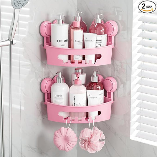 TAILI Suction Corner Shower Caddy, Bathroom Shelf Storage Basket Wall Mounted Organizer for Shampoo, Conditioner, Plastic Rack for Kitchen and Bathroom, Drill-Free Removable (2 Pack)-PINK