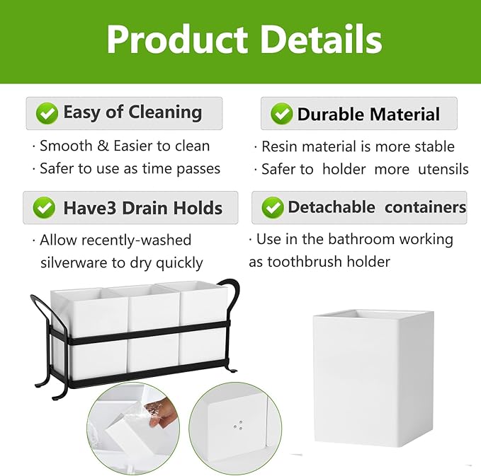 Cutlery Holder with Drain Holes, Silverware Caddy for Party Countertop, Resin Utensil Holders Silverware organizer for Spoon and Fork, White Black-NeatNest