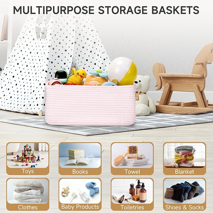 3-Pack Storage Baskets for Organizing | Woven Shelf Toy Basket | Rope Baskets for Gifts Empty | Closet Organizer Bins with Handles | Cube Decorative Box | 13.7×7.1×6.7” | Mixed Pink-NeatNest